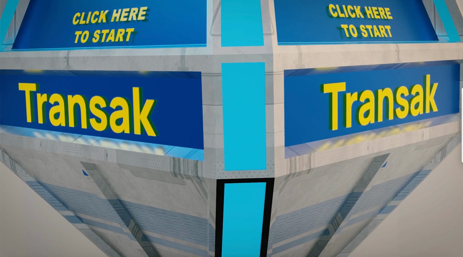 Zoomed-in 3D object that reads TRANSAK in yellow letters repeating across the top. "Click to start" appears above the TRANSAK writing.