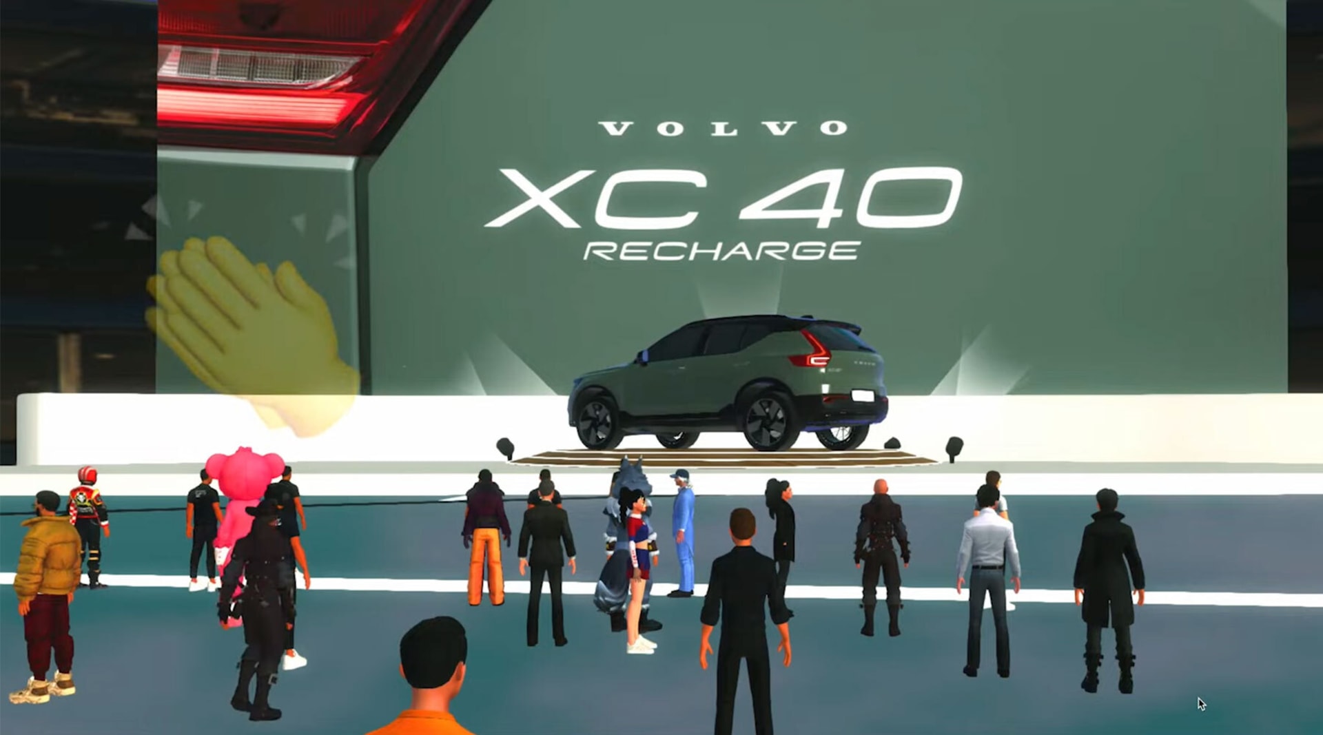 A digital Volvo showroom, with a virtual car in the background and a group of avatars mingling in the forefront of the image.