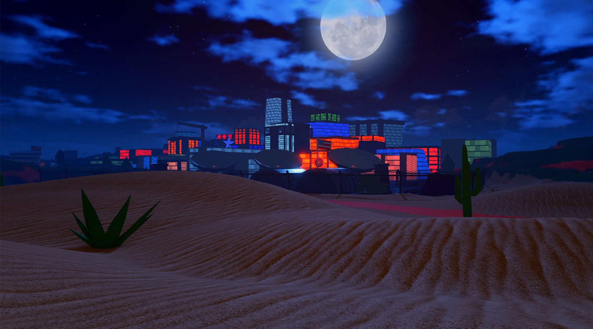 Digitally rendered landscape of a desert, with one aloe plant and one cactus sprouting from sandy hills. Beyond the desert, a city landscape with several skyscrapers under a full white moon.