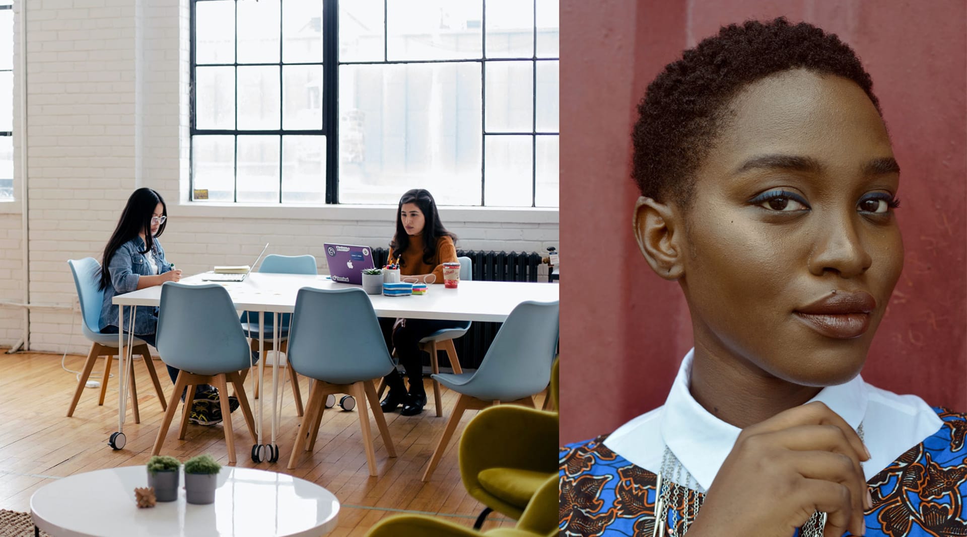 Two images combined. Left: two dark-haired women in casual attire sit in blue chairs at a white table in front of a large set of windows. Right: A black woman with short hair and blue eyeliner looks into the camera, smiling softly.