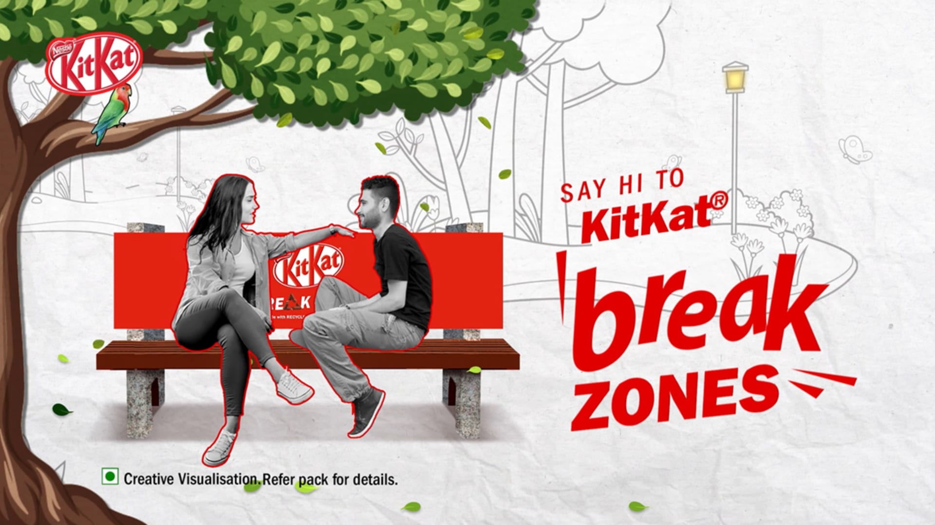 Girl and guy sitting in a recycled plastic bench - an initiative by KitKat India towards commitment