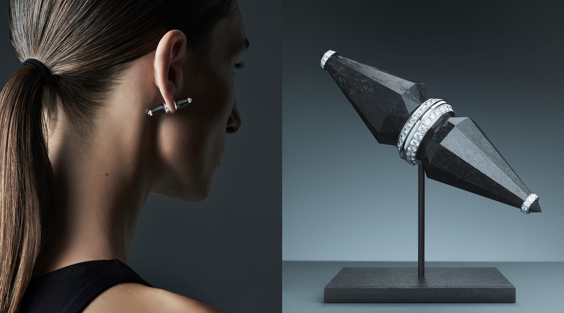 Left: a woman with a brunette ponytail faces away from the screen and wears a black earring pointed in front and behind her ear with diamonds circling its center. Right: a close up of a black piece of jewelry pointed on both ends, with diamonds at center.