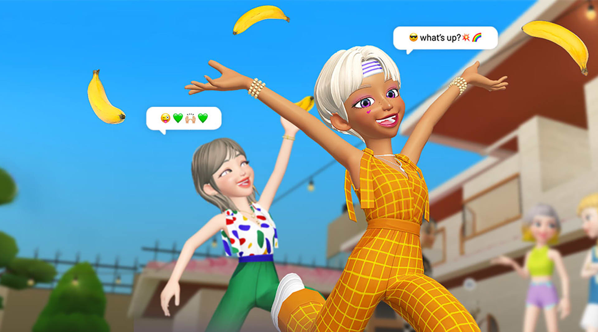 Two feminine avatars leaping and smiling. In front, a dark-skinned avatar with blonde hair and a headband wearing an orange jumpsuit, and a text box that reads "what's up?". Behind her a pale-skinned avatar with brown hair, a colorful top and green pants.