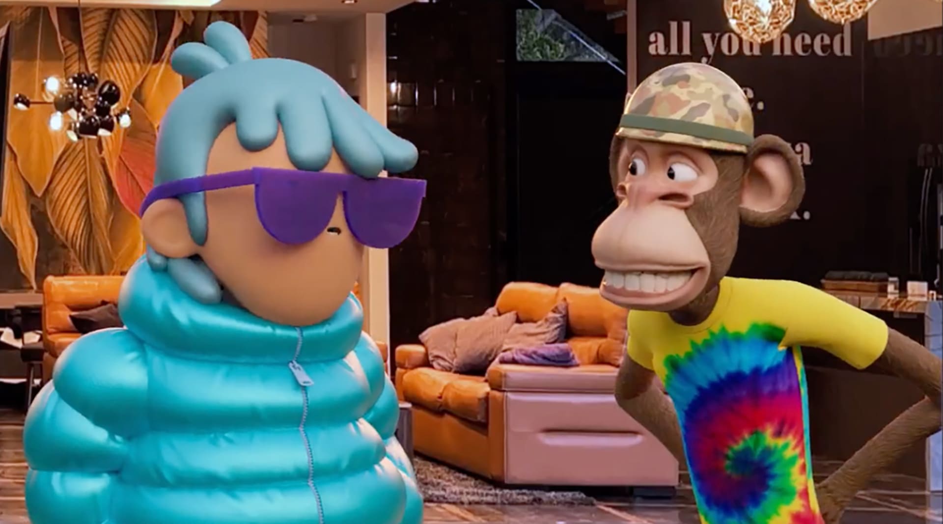 Two augmented reality characters interacting. On the left, a human-like figure with blue hair and purple tinted glasses wearing a blue puffer jacket. On the right, a monkey wearing an army-printed helmet and a tie-dye T-shirt, smiling.