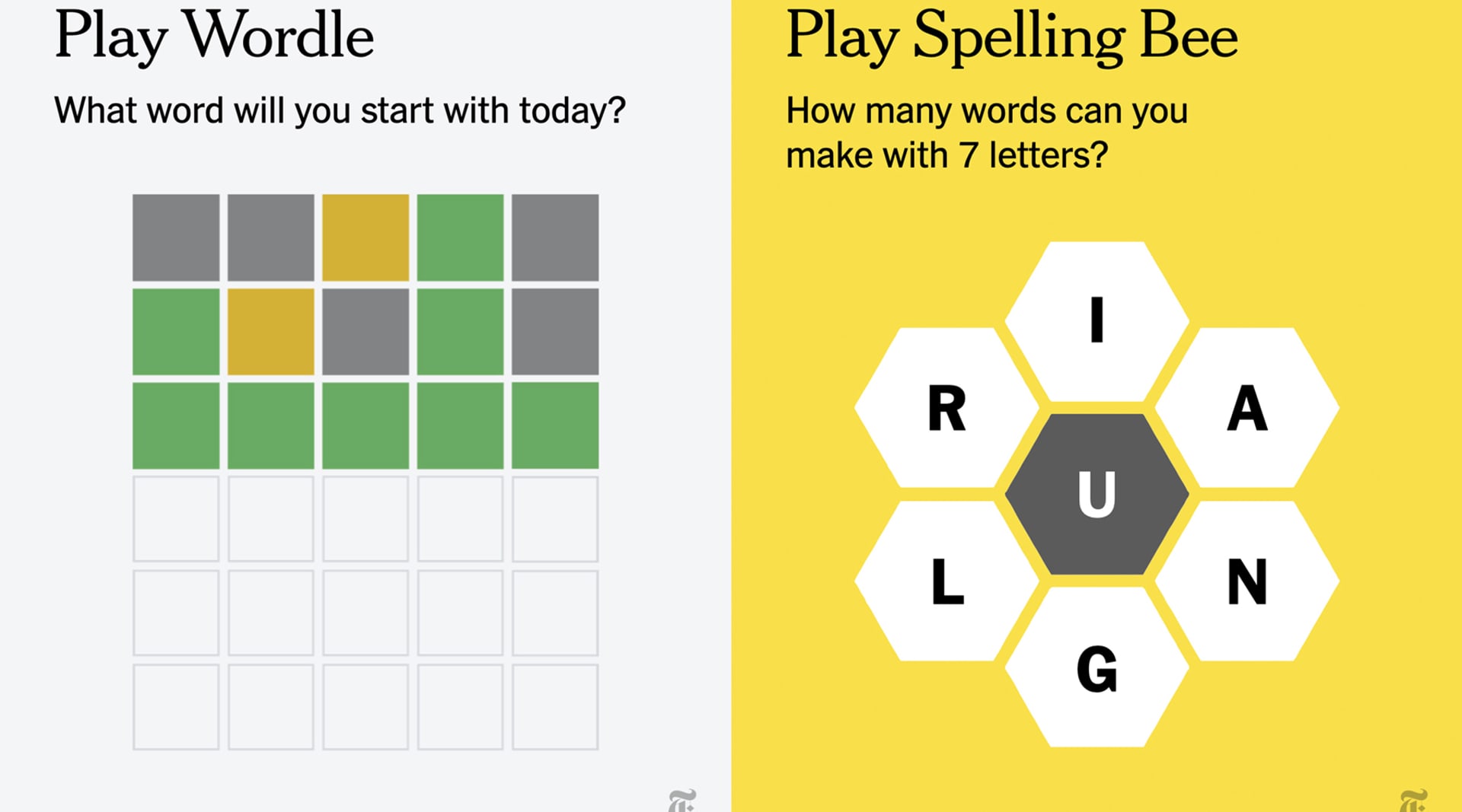 Left alt text: "Play Wordle. What word will you start with today?" Right alt text: "Play Spelling Bee. How many words can you make with 7 letters?"