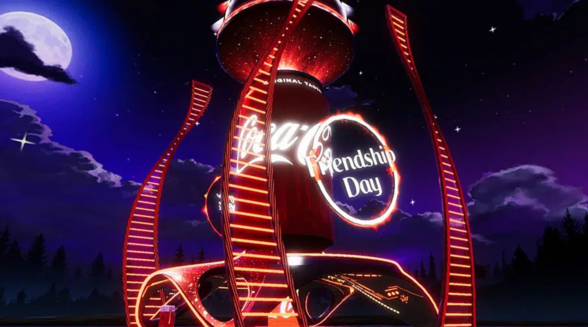 A dark, moonlit starry sky behind a giant red virtual Coca Cola bottle. Red ribbons surround the bottle, and a circular logo that reads "Friendship Day" sits in front and behind the bottle.