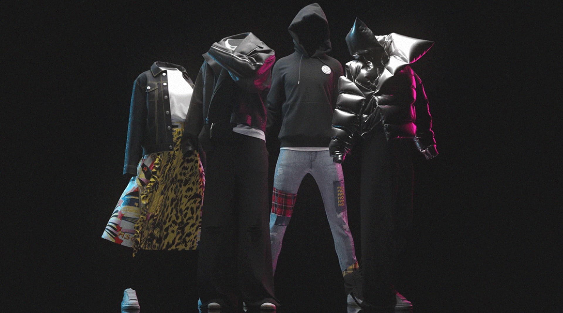 Four headless digitally rendered avatars pose: a dark denim jacket over a white tee and a cheetah-printed mid-length skirt; a black leather jacket over loose black trousers; a hooded black sweatshirt and patched jeans; black puffer jacket and black pants.