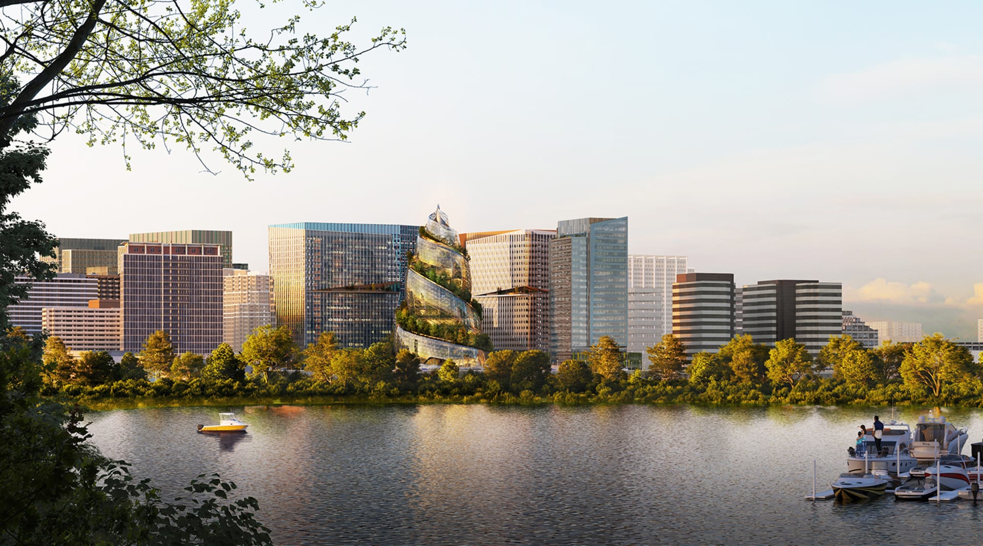 A tree-lined city skyline across a river with several tall buildings and a tall, pointed, spiraling building in the center of the screen.