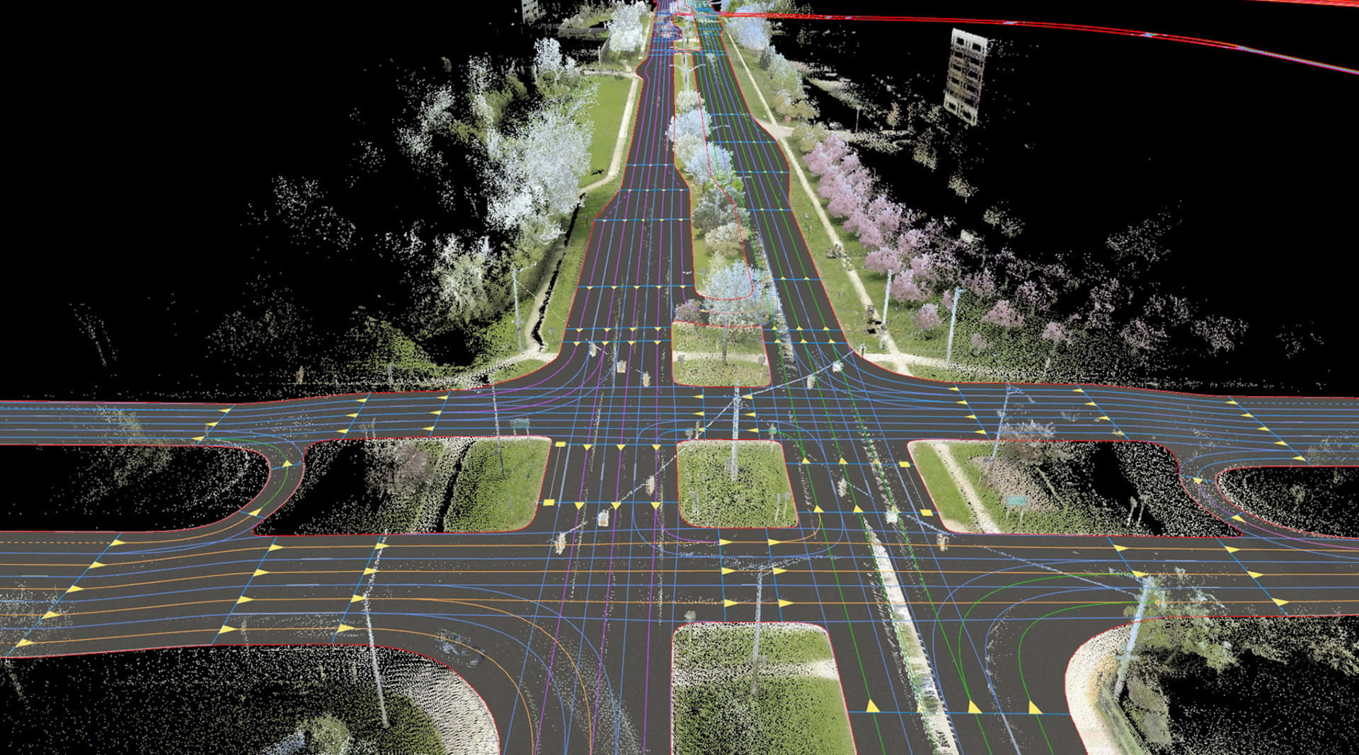 A digitally rendered, high definition map of a four-way intersection and graph lines overlaying the map image.