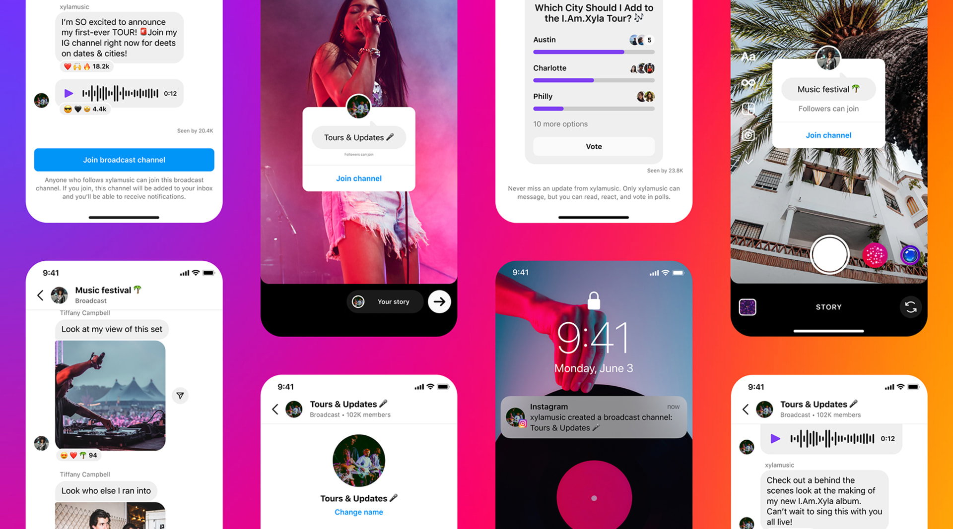 Smart phone screens featuring different Instagram channels: Music festival, Tours & updates, main screen.