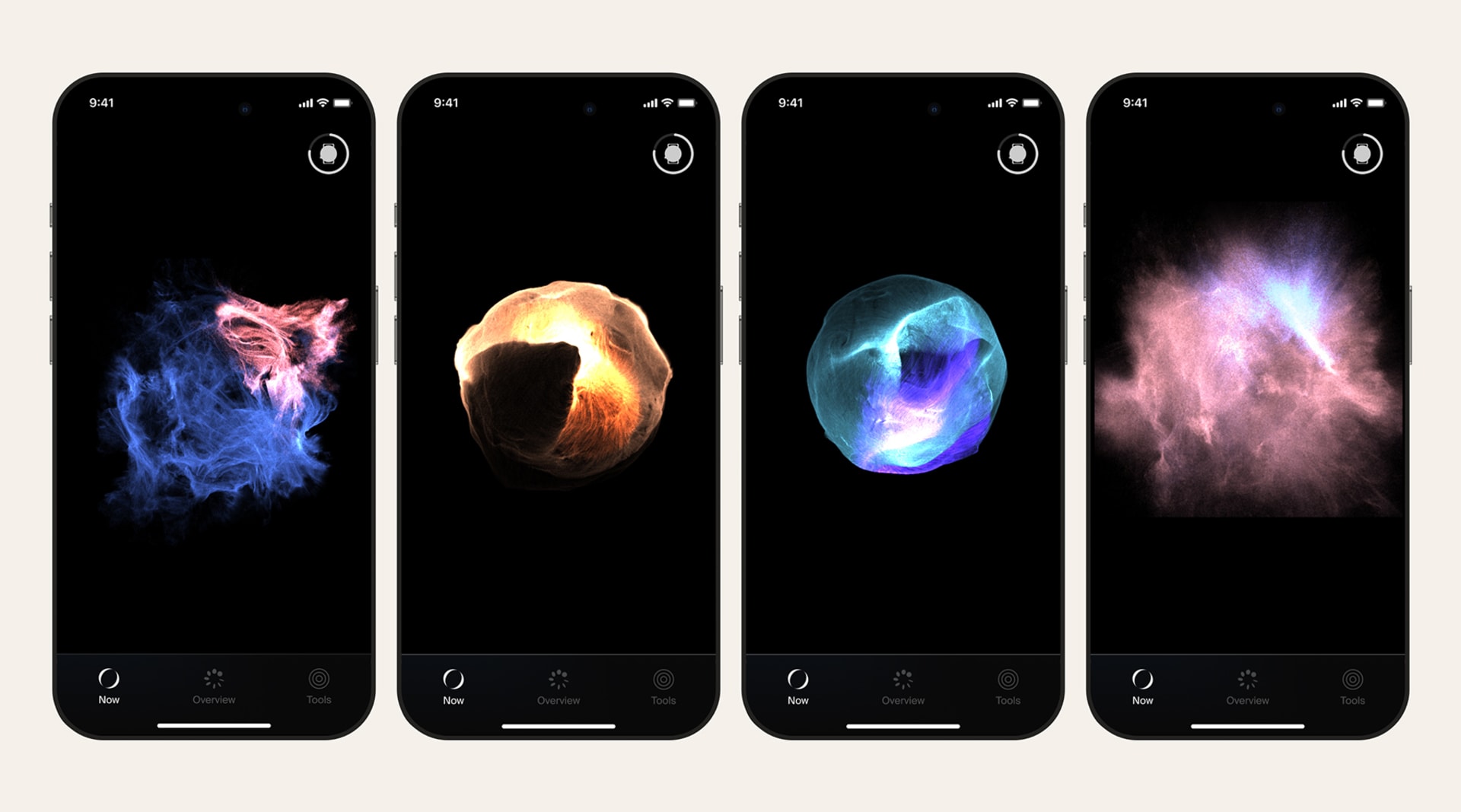 Four smart phone screens side by side with black backgrounds and different colored orbs in each.