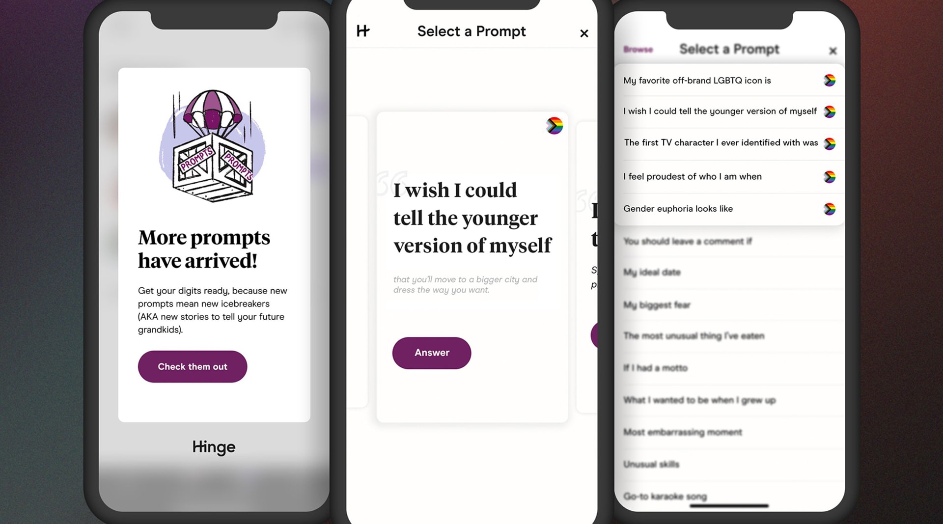 Three smart phone screens pictured. Main text, from left to right: "More prompts have arrived!" "I wish I could tell the younger version of myself..." "Select a prompt"