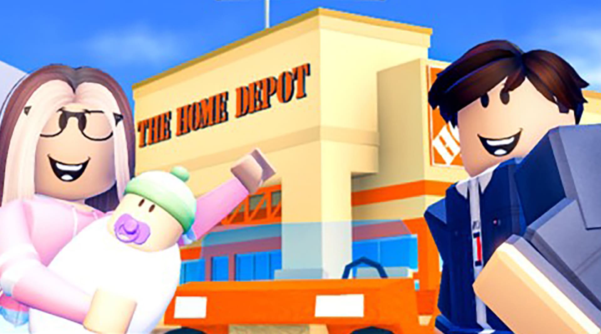 An avatar with long blonde and brown hair, light skin and glasses smiles holding a baby avatar, standing next to an avatar with short dark hair and light skin. They stand in front of a virtual Home Depot building.