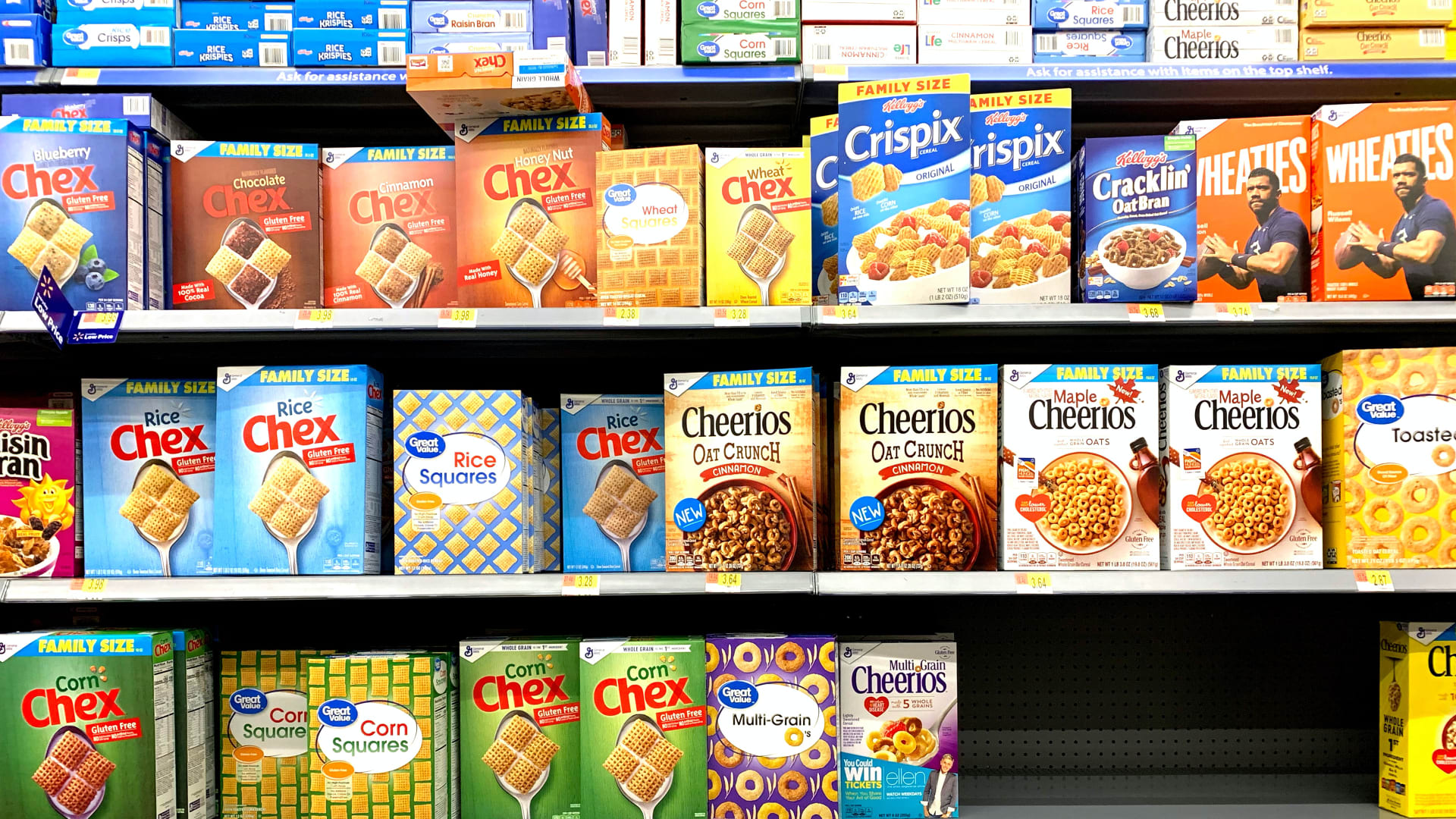 Cereal boxes on supermarket shelf