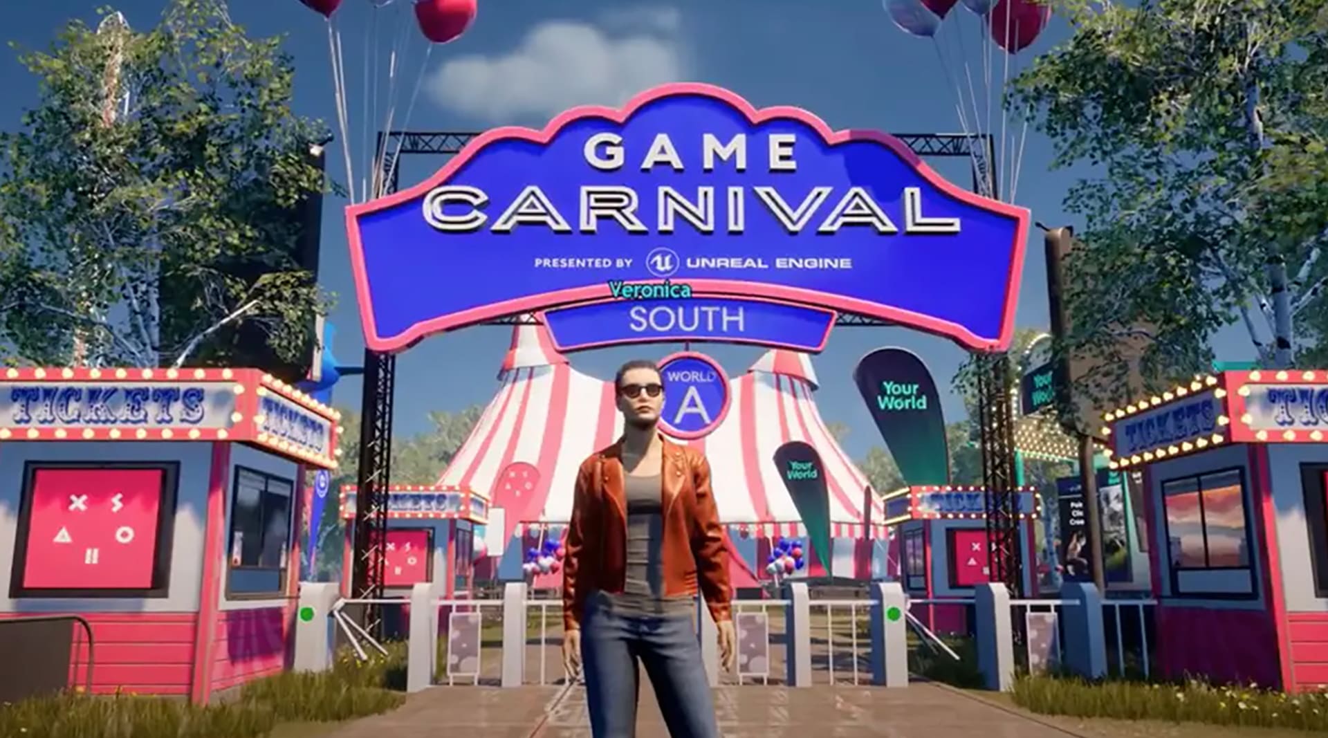 A digitally rendered person wearing sunglasses stands beneath a sign that reads: Game Carnival presented by Unreal Engine, South, World A