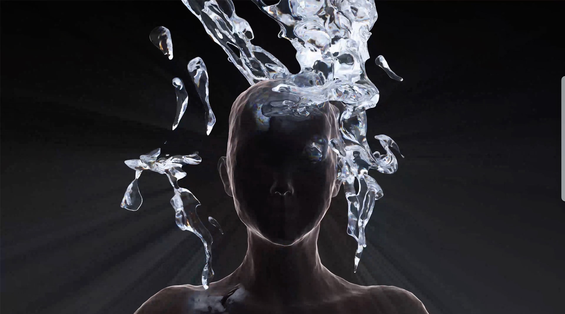 A black, faceless profile of a person from the shoulders up, outlined by silver and white fluid lines. Silver and white fluid bubbles float up from the figure's left side above the head.