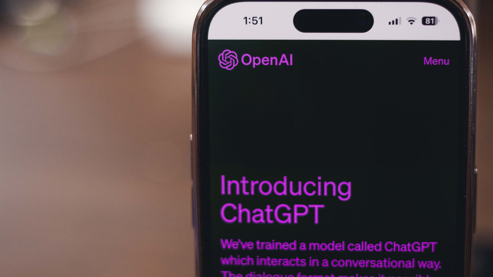 Phone showing an Introducing Chat GPT screen