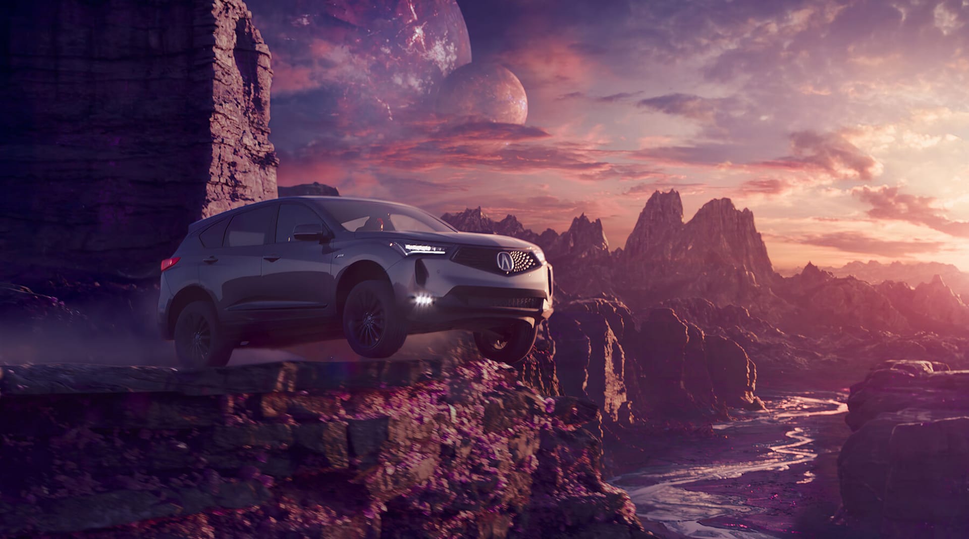 A silver car is parked on a cliff, with a pink sunset background.