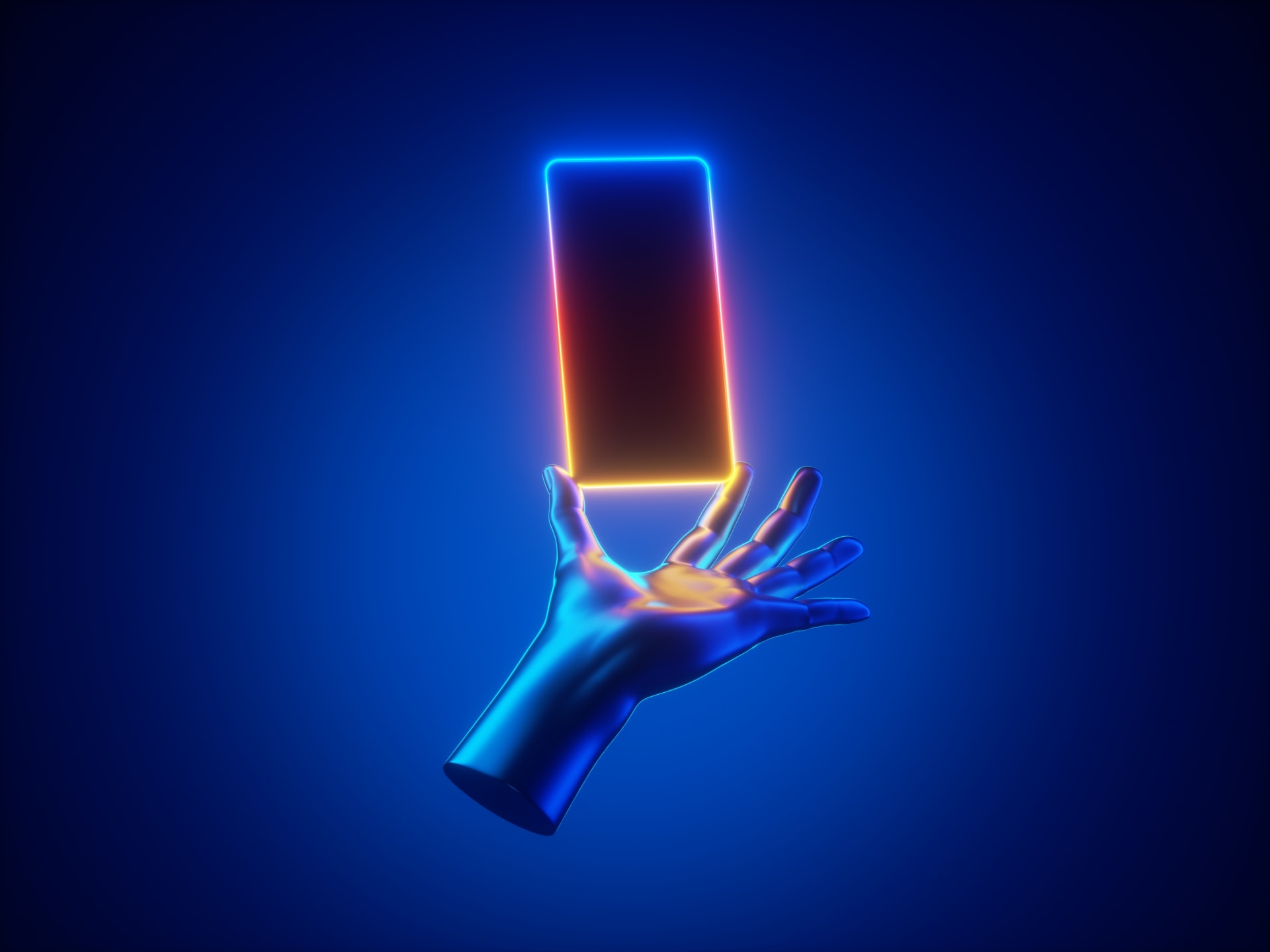 AI hand holding a phone with a blue background