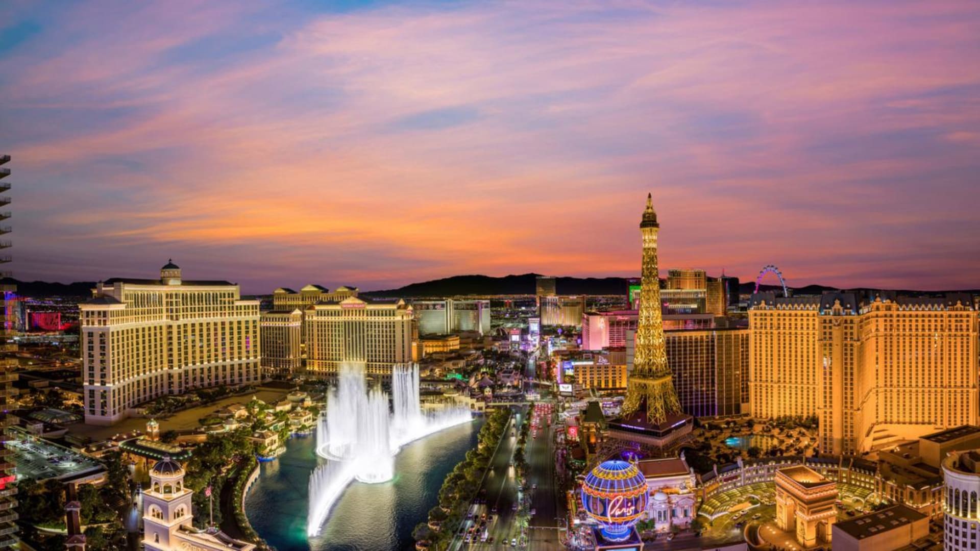 Las Vegas strip at night with fountains