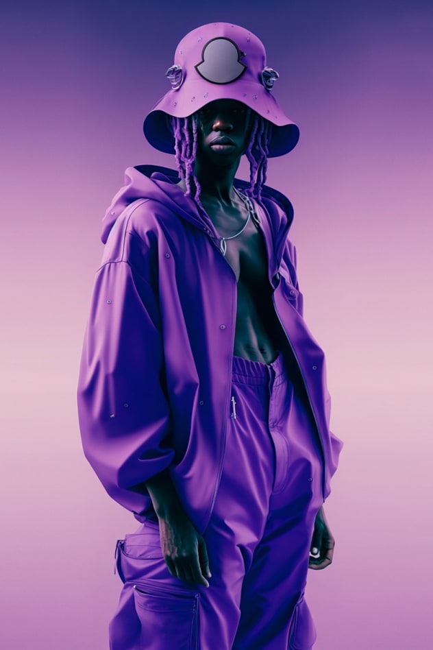 A digital man with dark skin stands facing the viewer in front of a purple backdrop, wearing a purple hat, jacket, and pants that match the backdrop.
