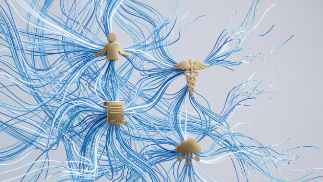 Intricate blue wires connect unify human, data, health, and cloud services in a seamless network.