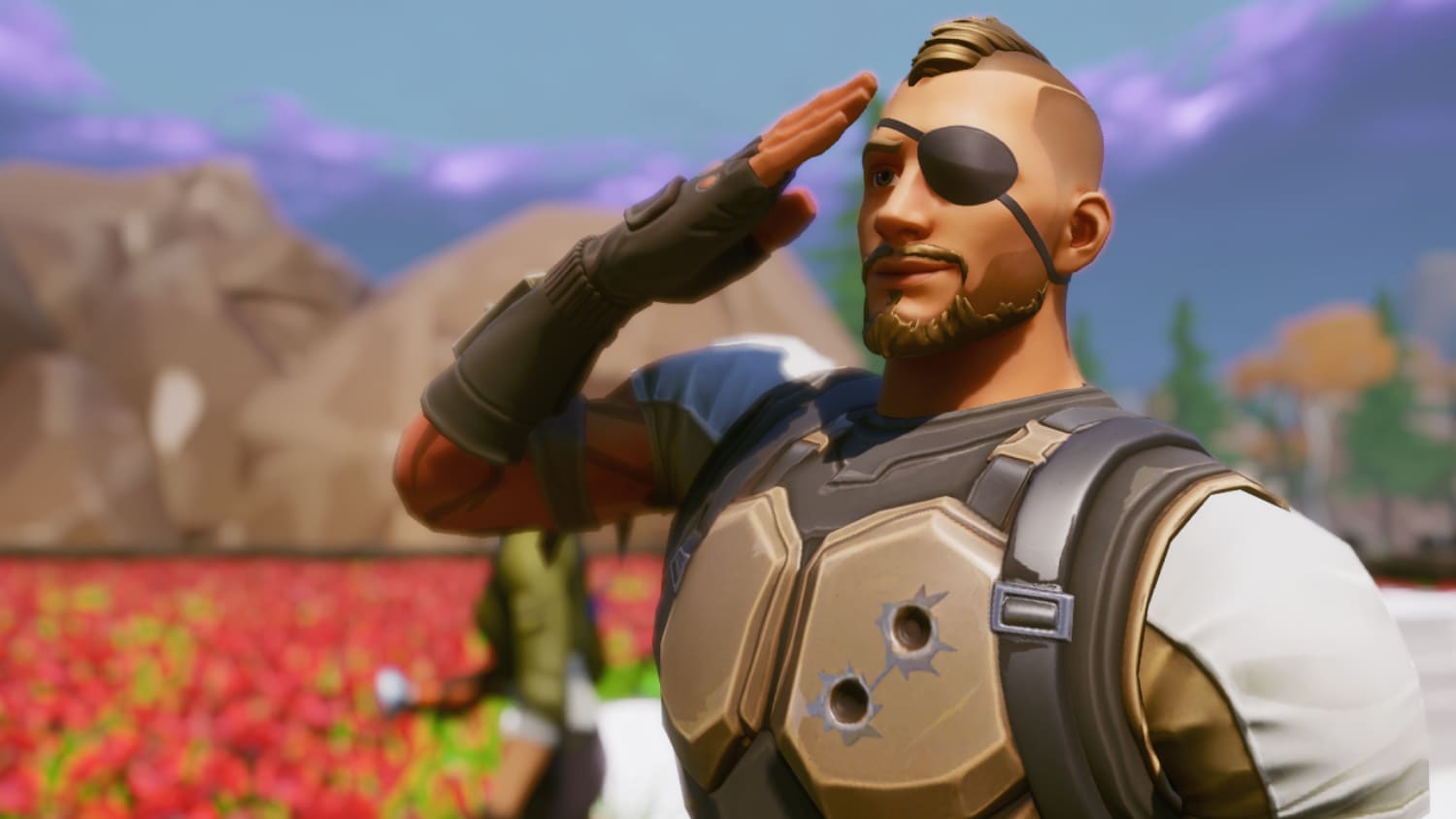 Animated solider with eye patch saluting in front of a field of blurred out poppies.