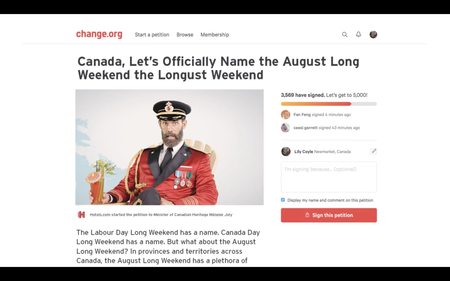 Image of article from change.org of photo of Captain Obvious with text saying Canada. Let's Offically Name the August Long Weekend the Longust Weekend