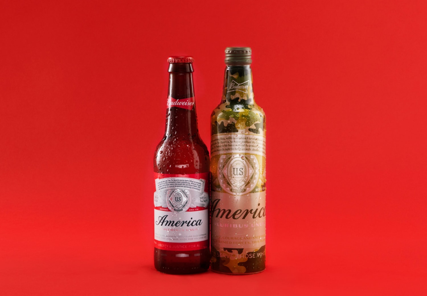 Bottles of Budweiser beer with America packaging