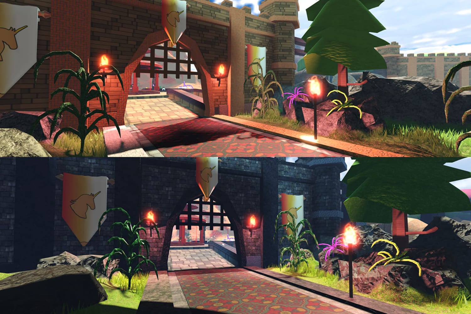 Digital image doubled, top and bottom. Top image of a brick castle gate with three unicorn-printed banners over a brick and carpet-covered walkway, lined by trees and greenery. Bottom: the same image with more defined lines and realistic fire depictions.