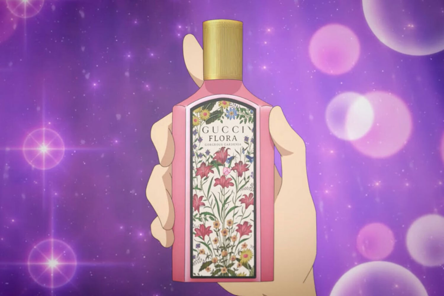 An illustration of a hand holding a bottle of perfume against a purple background