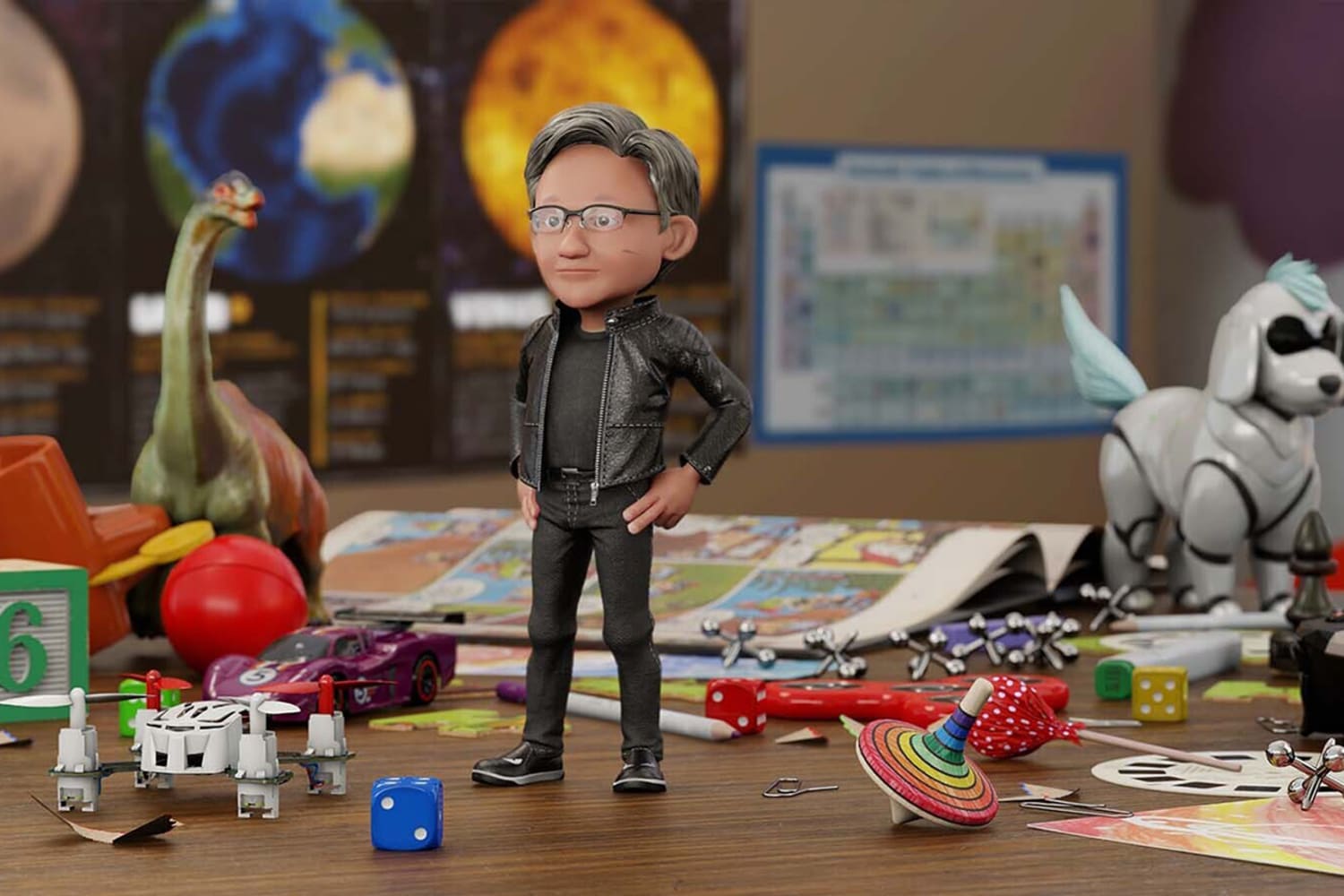 A digitally rendered avatar of a man with glasses, light skin and gray hair wearing a black leather jacket, black jeans and black sneakers. Avatar stands amongst toys on a wooden desk: a spinning top, a dinosaur, dice, jacks, a car.