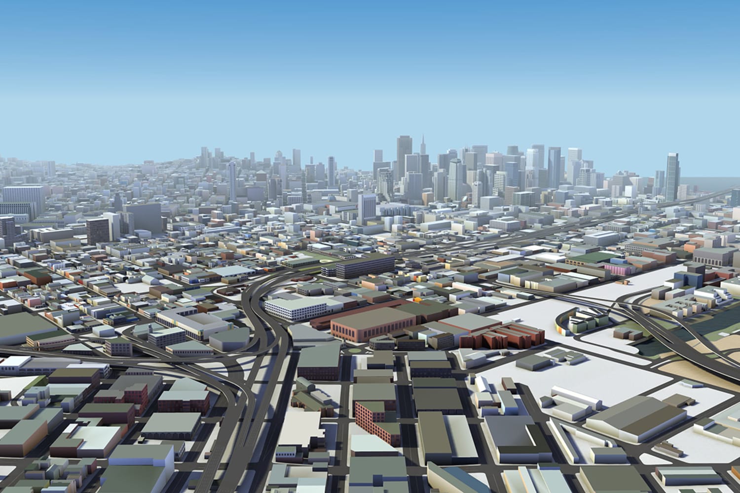 A 3D maps of San Francisco, a digitally rendered blue sky behind the 3D city layout.