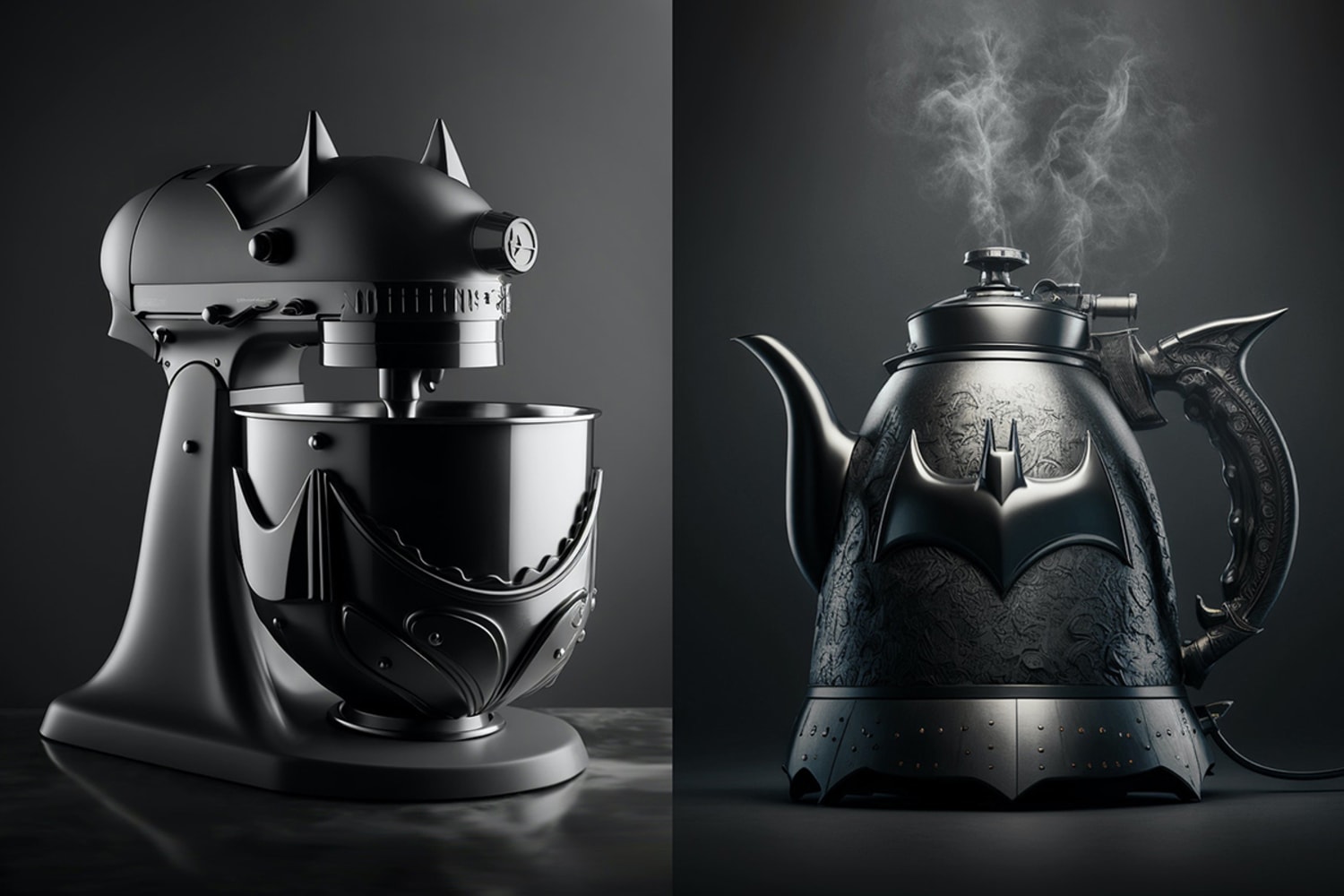 Two AI generated images. The first image depicts a black kitchen mixer in the gothic style of batman. The second image depicts a kettle in the gothic style of batman, there is a batman emblem on the front, there is steam rising from the top of the kettle.