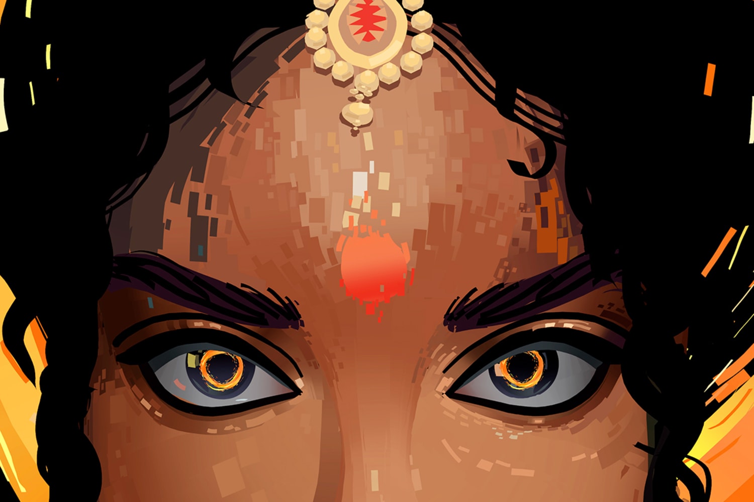 A virtual woman with tan skin and dark hair and an orange gemstone bindi looks straight into the camera, zoomed in so that the viewer can only see the top half of her head.