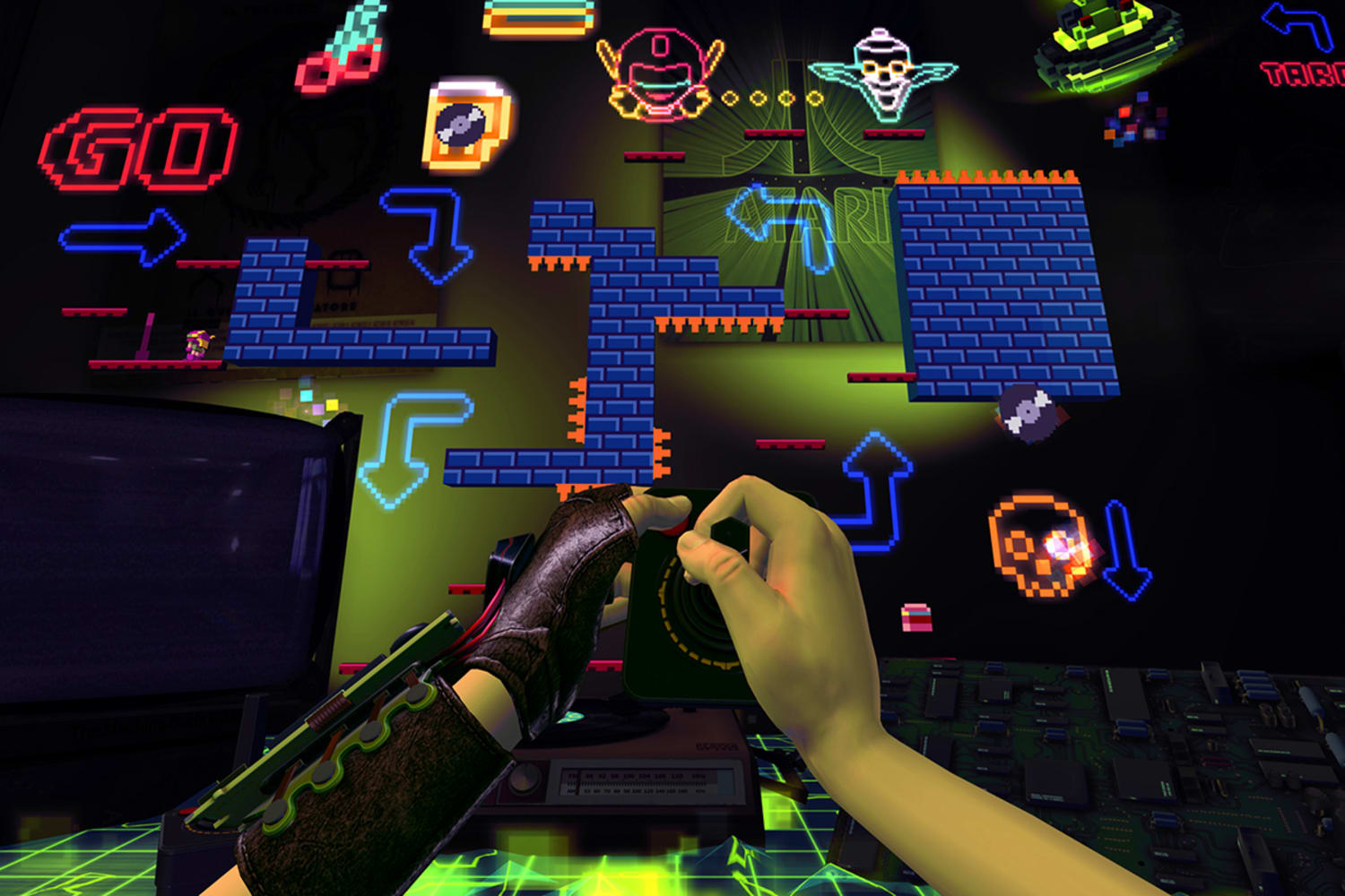 Two virtual hands hold a virtual controller, navigating a digital video game in front of the hands.