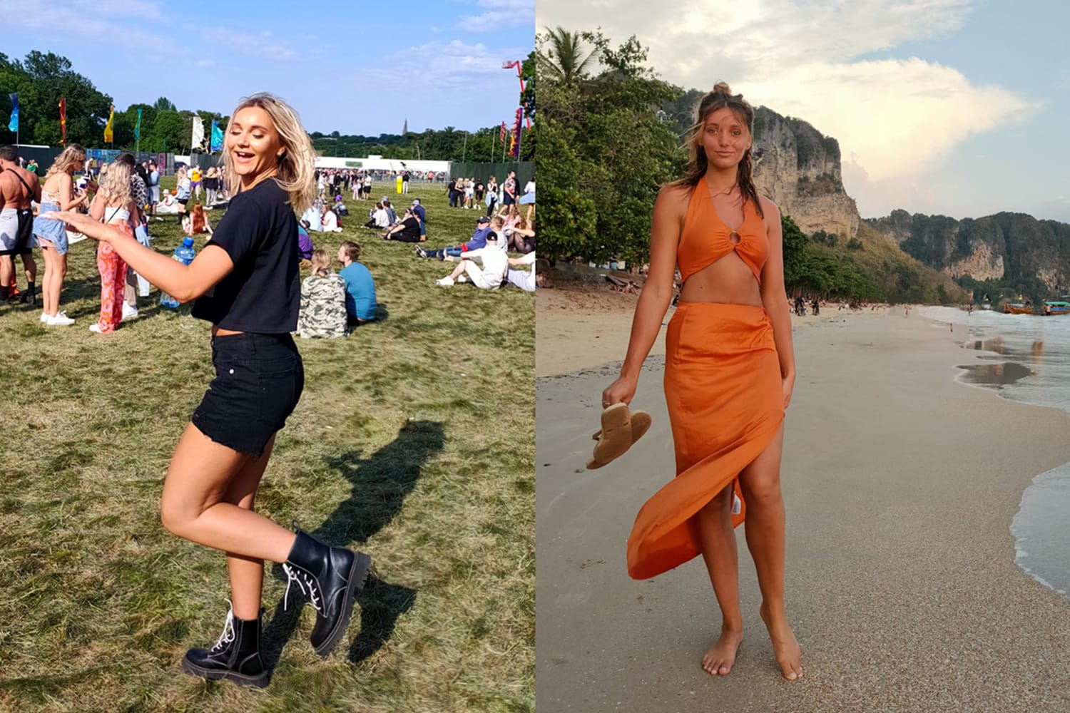 Two images spliced. Left: a blonde woman wearing a black shirt and shorts dancing, her side facing the viewer. Right: a woman with dark hair wearing an orange crop top and matching long skirt stands barefoot on a beach.