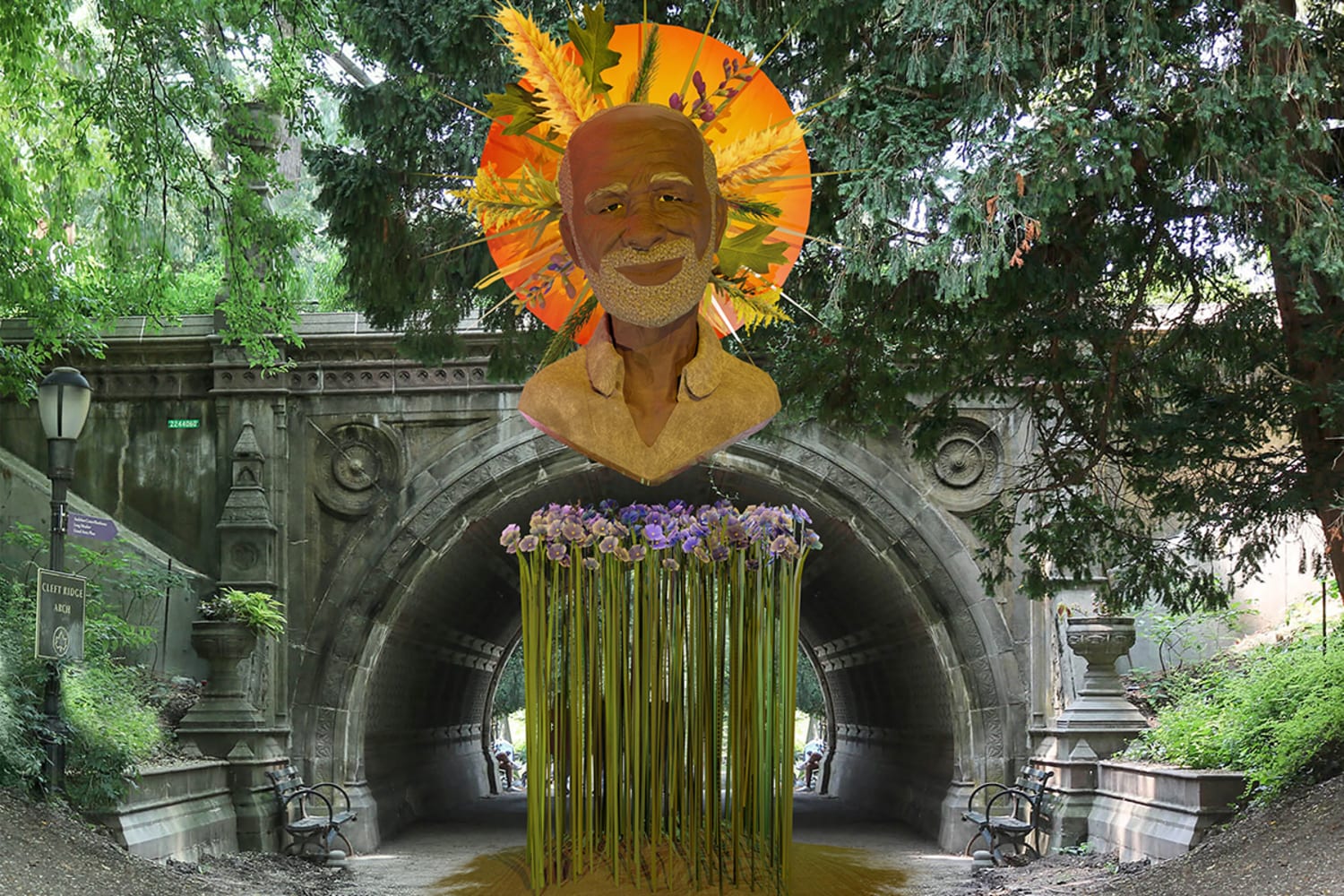 An AR figure of a black man with a sunshine halo above tall grass appears in an urban park setting.