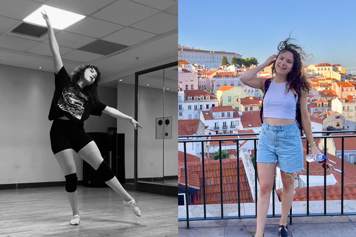 Two images, spliced. On the left: a black and white image of a woman dancing. On the right, a color image of a woman with dark hair smiling at the camera.