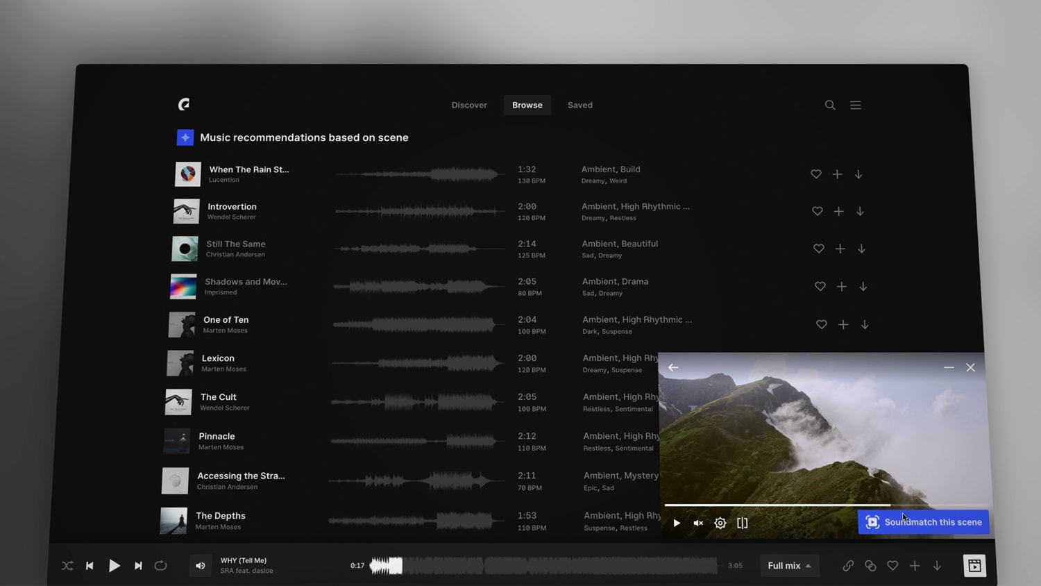 Black computer screen showing a list of musical tracks and soundwaves Inset on the right is a small image of a mountain scene