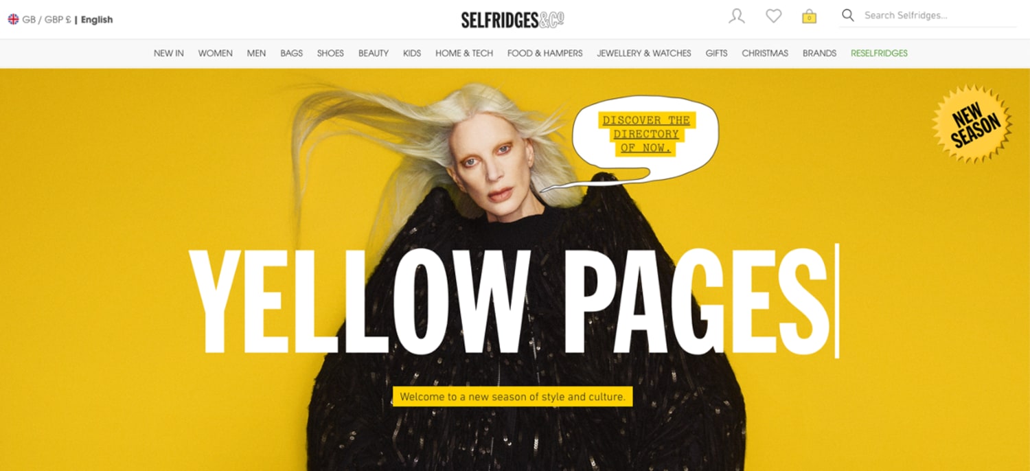 Screengrab from Selfridges website with blond woman in a black voluminous dress overlaid with the text Yellow Pages