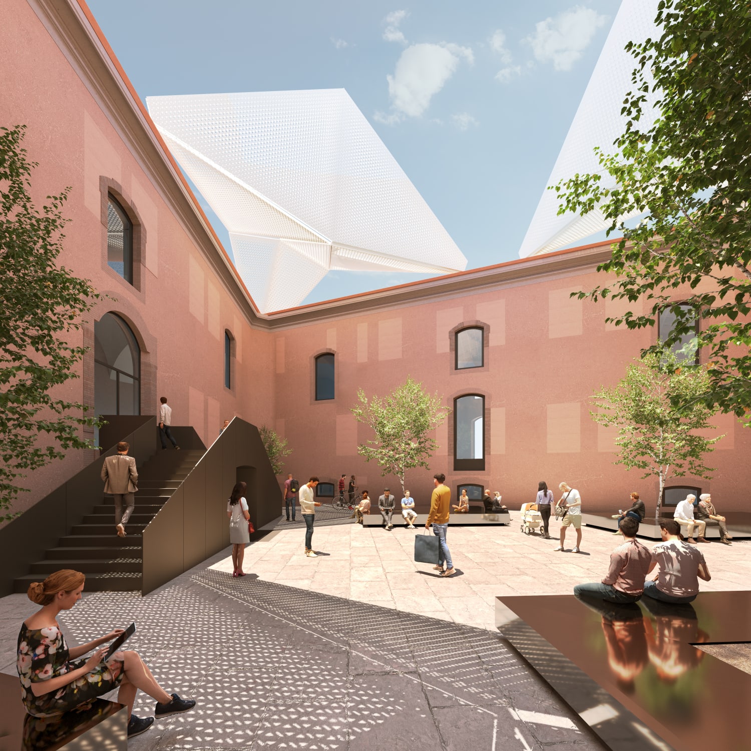 A view of AGO Modena shows the buildings white origami like roof in the process of opening above a red stone courtyard in sunshine