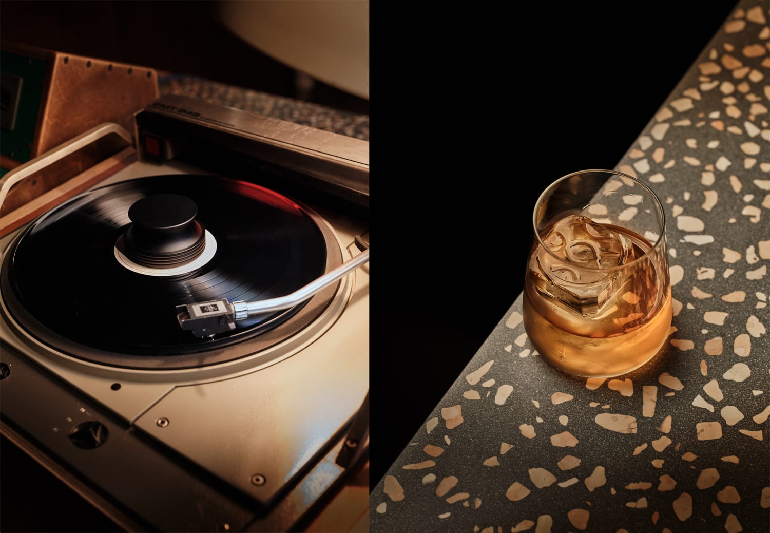 Two images showing on the left a vinyl turntable and on the right a glass on a low table