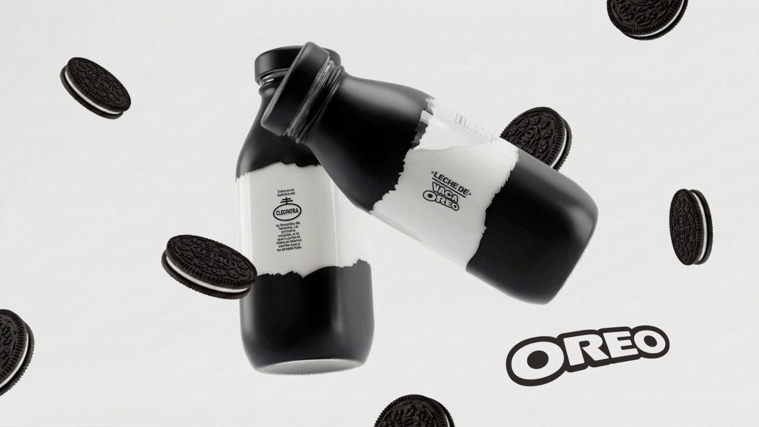 Oreo branded milk bottles, vml advertisement for mondelez oreo brand
