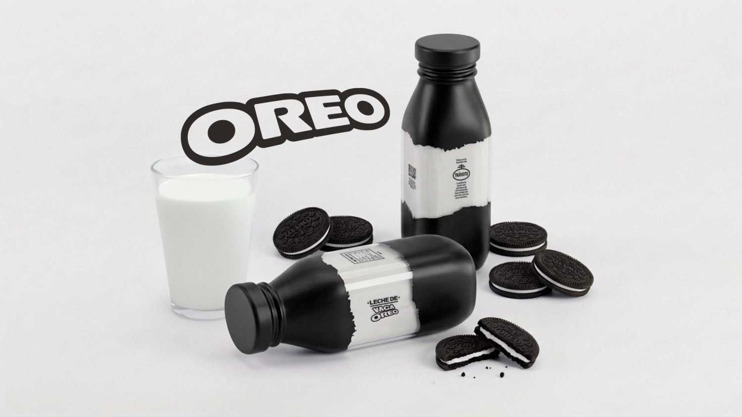 Oreo branded milk bottles, vml advertisement for mondelez oreo brand