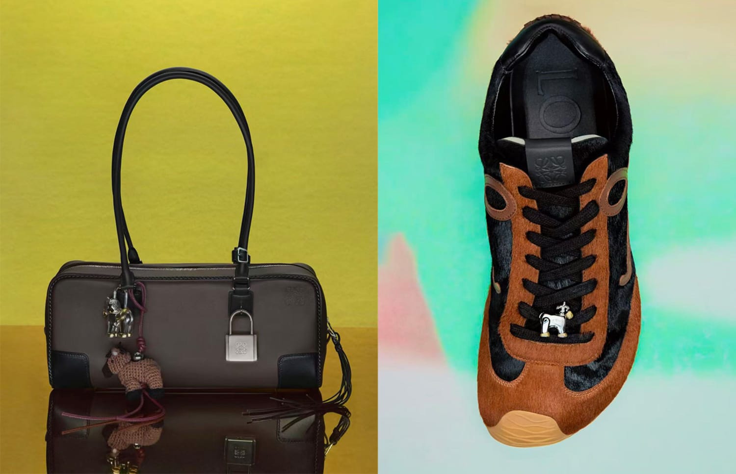 Side-by-side product photo of a brown Loewe handbag and a black-and-tan Loewe sneaker on colorful backgrounds for their Year of the Horse collection.