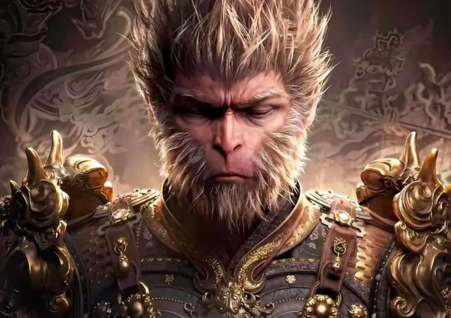 Close-up of an armored fantasy warrior with ornate gold shoulder plates; the face is blurred.