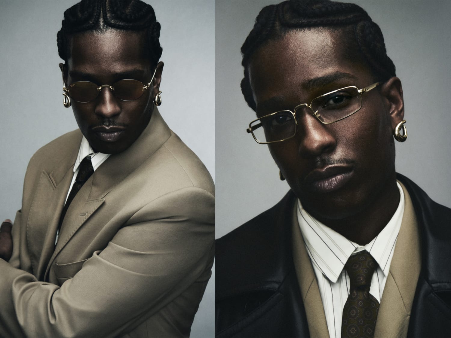 A$AP Rocky models his own retrofuturist eyewear designs for Ray Ban. He wears a light fawn suit and and collar and tie. The glasses are metal-framed and allude to vintage designs.