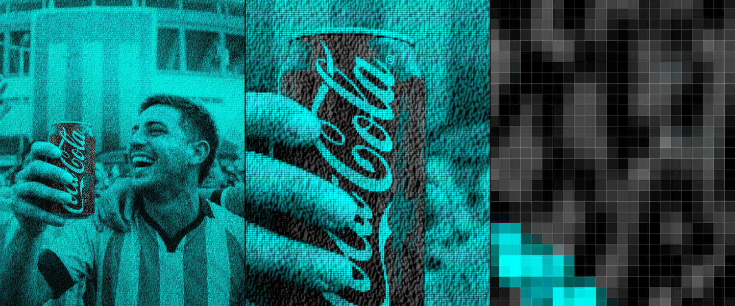 A person smiling and holding a Coca-Cola bottle, with a cheering crowd in the background. The image has a blue tint and pixelated effect. Middle image is a close up of the Coca-Cola can. Image on the right shows the pixels of the can, which are black and grey.