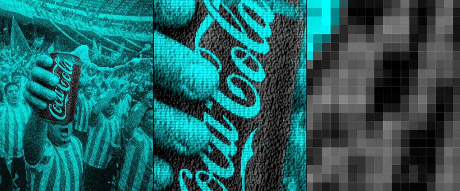 A person in a stadium holds up a can of Coca-Cola amidst a cheering crowd. The middle section features a close-up of the Coca-Cola logo. The right side shows a pixelated area of gray and black pixels. The image is tinted blue-green.